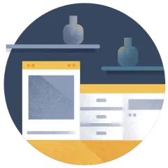 A kitchen counter with a vase on top of it.