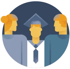 Three people in a circle with a graduation cap on.