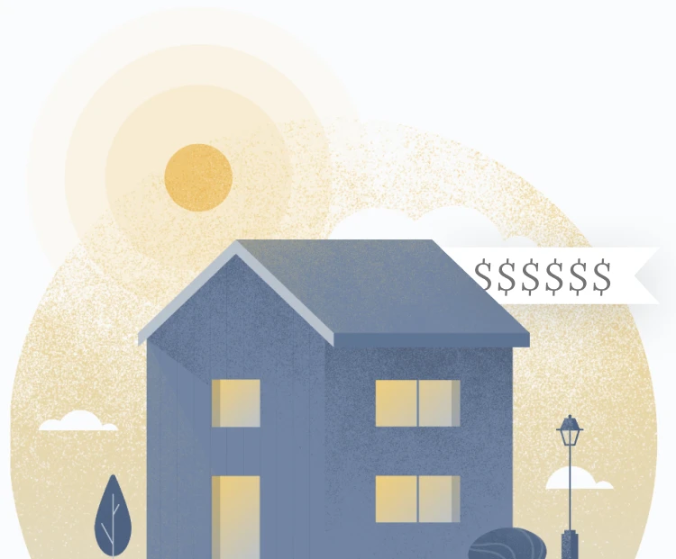 A blue house with a sign that has dollar signs on it